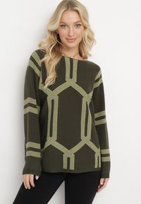Born2be - Zielony Sweter z Geometrycznym Wzorem i Ściągaczami Buvania. Kolor: zielony. Wzór: geometria #1