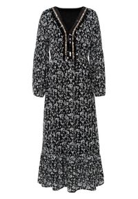 Długa sukienka z nadrukiem i aplikacją bonprix czarno-szaro-biały wzorzysty. Kolor: czarny. Wzór: nadruk, aplikacja. Długość: maxi #1