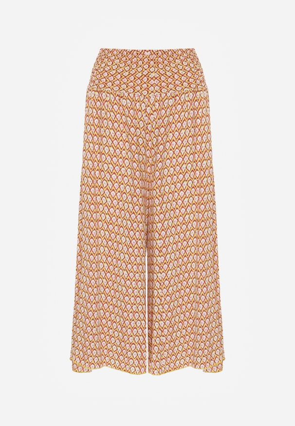 Renee - Żółto-Pomarańczowe Szerokie Spodnie z Wiskozy z Marszczoną Gumką w Talii Mellody. Kolor: żółty. Materiał: wiskoza. Styl: boho