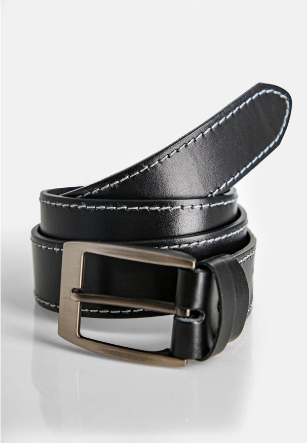 Volcano - Czarny pasek męski z jasnoszarym przeszyciem REGO 2. Kolor: czarny. Materiał: materiał, skóra, jeans. Wzór: aplikacja, gładki. Styl: casual, elegancki