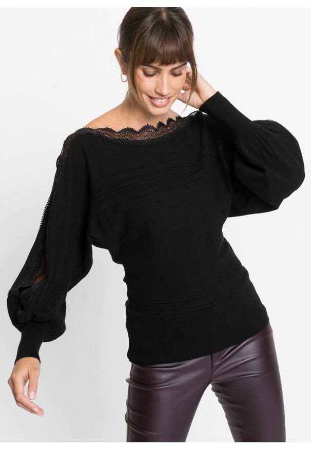 bonprix - Sweter z koronką. Kolor: czarny. Materiał: koronka. Wzór: koronka