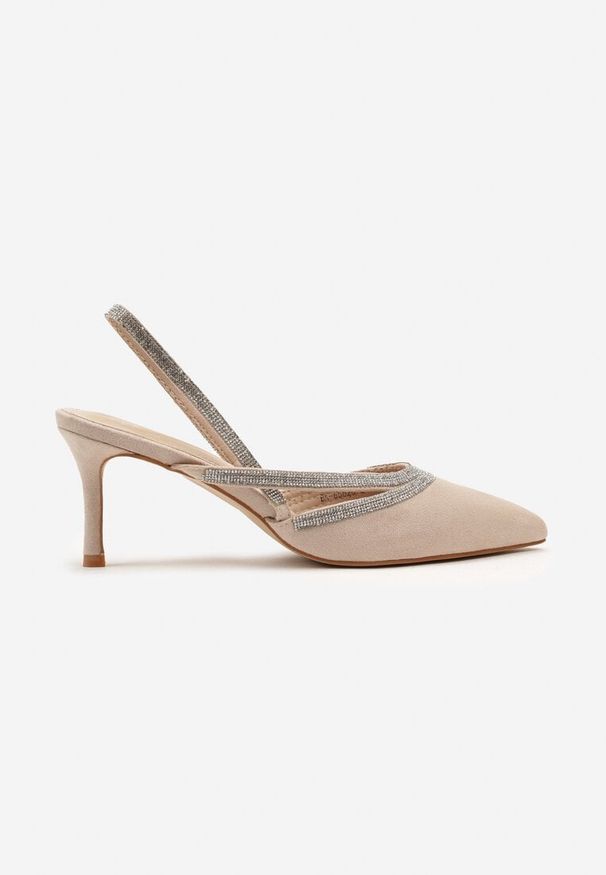 Renee - Beżowe Sandały na Szpilce Slingback z Cyrkoniowymi Paskami Cleonee. Zapięcie: pasek. Kolor: beżowy. Wzór: aplikacja. Obcas: na szpilce. Styl: wizytowy