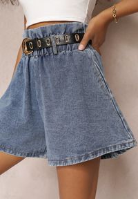 Renee - Niebieskie Jeansowe Szorty z Gumką w Pasie i Paskiem z Imitacji Skóry Alyssania. Stan: podwyższony. Kolor: niebieski. Materiał: jeans, skóra. Sezon: lato, wiosna. Styl: klasyczny #5