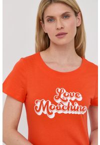 Love Moschino sukienka bawełniana kolor pomarańczowy mini prosta. Okazja: na co dzień. Kolor: pomarańczowy. Materiał: bawełna. Długość rękawa: krótki rękaw. Wzór: nadruk. Typ sukienki: proste. Styl: casual. Długość: mini #4