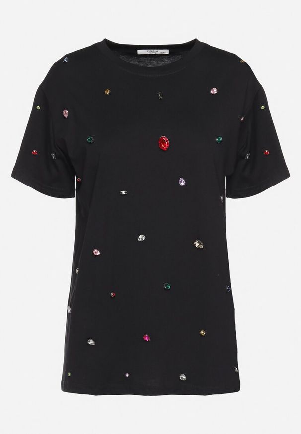 Born2be - Czarny T-shirt Ozdobiony Kolorowymi Cyrkoniami Wiadea. Okazja: na co dzień. Kolor: czarny. Wzór: kolorowy, aplikacja. Styl: klasyczny, casual