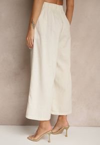 Renee - Beżowe Spodnie Culottes High Waist z Bawełny Zdobione Guzikami Izuma. Okazja: na co dzień. Stan: podwyższony. Kolor: beżowy. Materiał: bawełna. Wzór: aplikacja. Styl: elegancki, casual