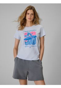 4f - 4F T-shirt regular z nadrukiem damski - niebieski XL. Okazja: na co dzień. Kolor: niebieski. Materiał: materiał, bawełna, dzianina. Wzór: nadruk. Styl: casual #1