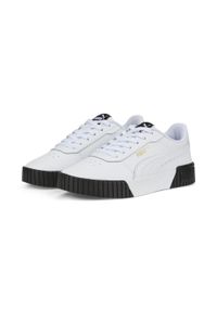 Puma - Damskie sneakersy Carina 2.0 PUMA White Team Gold Black Beige. Okazja: na plażę. Kolor: biały, czarny, żółty, wielokolorowy. Materiał: syntetyk, materiał. Sezon: lato. Sport: tenis, turystyka piesza