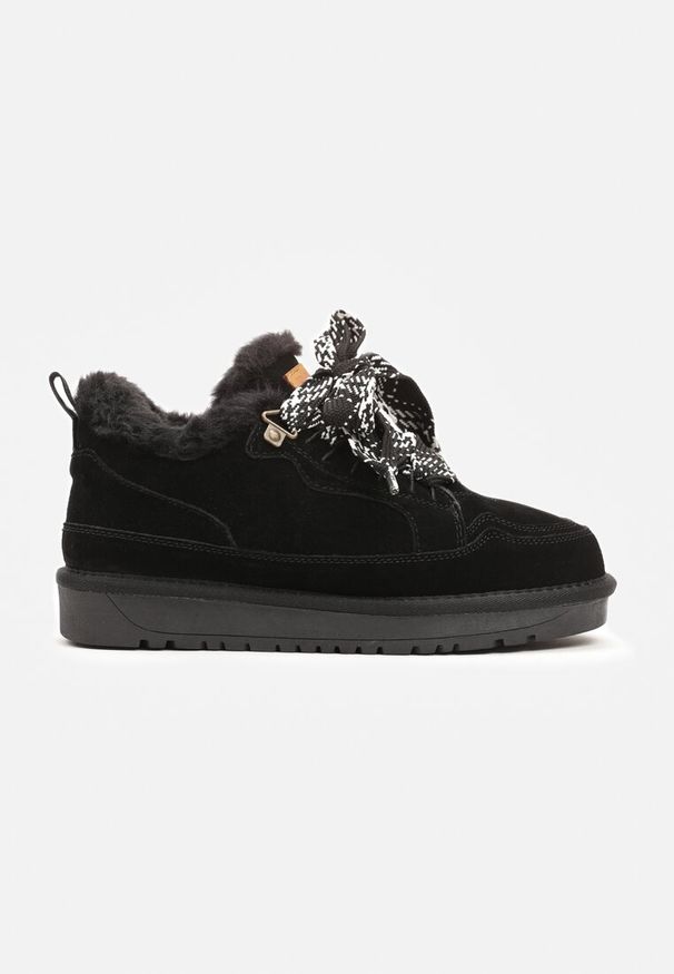 Born2be - Czarne Śniegowce Sneakersy Skórzane z Futerkiem i Ozdobnym Sznurowaniem Venerith. Nosek buta: okrągły. Zapięcie: sznurówki. Kolor: czarny. Materiał: futro, skóra. Sezon: zima. Obcas: na obcasie. Styl: klasyczny. Wysokość obcasa: niski