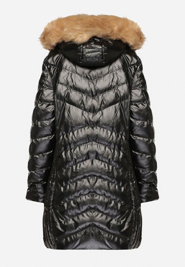 Born2be - Czarno-Brązowa Pikowana Długa Kurtka z Odpinanym Kapturem i Kołnierzem Seniwen. Okazja: na co dzień, na spacer. Kolor: czarny. Materiał: jeans. Długość: długie. Styl: casual, elegancki