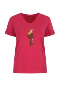 Ochnik - Różowy T-shirt damski z aplikacją wilgi. Okazja: na co dzień. Kolor: różowy. Materiał: bawełna. Długość: krótkie. Wzór: aplikacja. Styl: casual #3