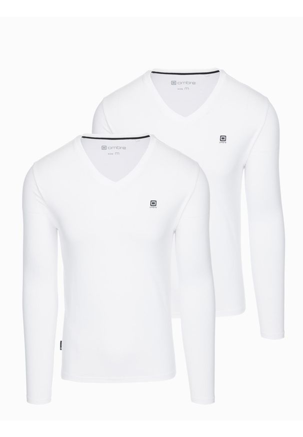 Ombre Clothing - Komplet męskich longsleeve'ów SLIM FIT z dekoltem typu V i logotypem 2-pak – 2x biały V4 - Rozmiar: XL. Okazja: na co dzień. Kolor: biały. Materiał: elastan, bawełna. Długość rękawa: długi rękaw. Styl: casual
