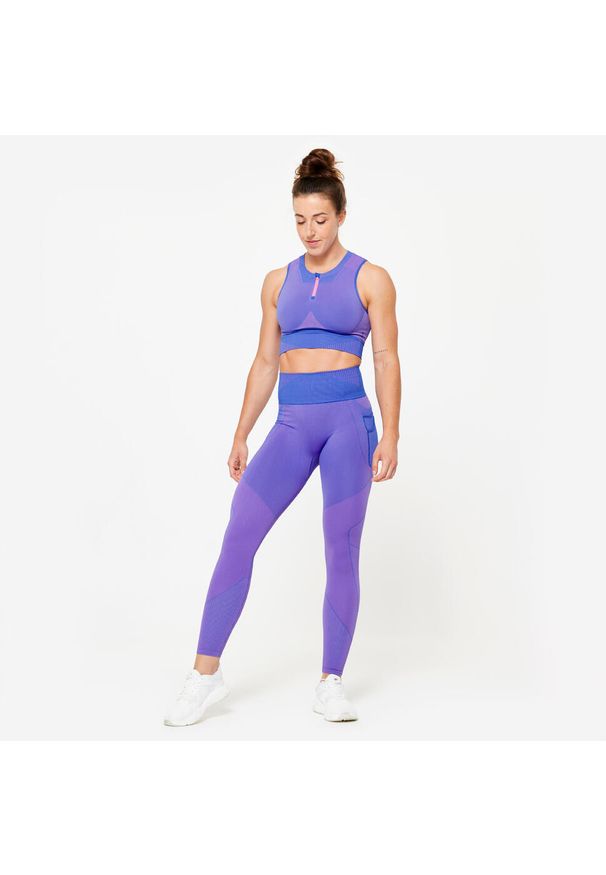 DOMYOS - Legginsy fitness damskie Domyos seamless. Kolor: niebieski, różowy, wielokolorowy. Materiał: poliamid, elastan, materiał, poliester. Wzór: kolorowy. Sport: fitness