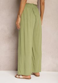 Renee - Jasnozielone Spodnie z Bawełny Typu Palazzo High Waist z Gumką w Talii Nelsaria. Stan: podwyższony. Kolor: zielony. Materiał: bawełna. Sezon: lato