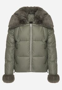 Born2be - Zielona Pikowana Kurtka z Szerokim Kołnierzem z Futerkiem Galerra. Okazja: na co dzień, na spacer. Kolor: zielony. Materiał: futro. Sezon: zima. Styl: casual, elegancki #3