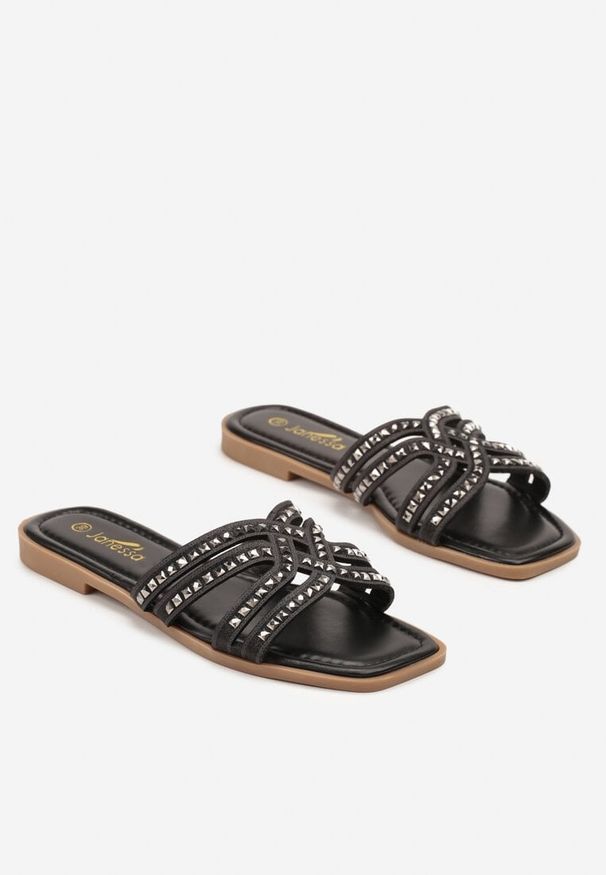 Renee - Czarne Klapki z Przeplatanymi Paskami Zdobione Cyrkoniami Tenemira. Kolor: czarny. Wzór: aplikacja. Sezon: lato. Styl: elegancki, wizytowy