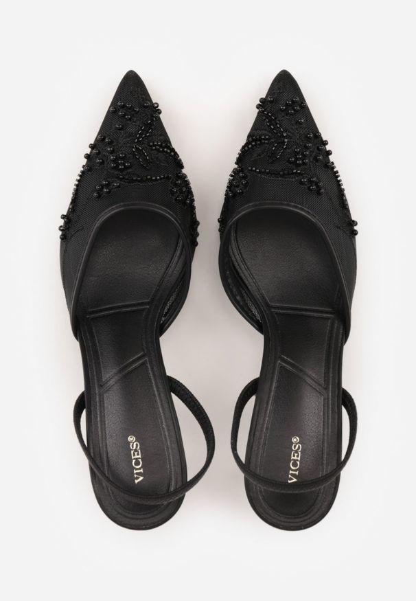 Renee - Czarne Szpilki VICES Slingback z Noskami w Szpic Ozdobionymi Haftem i Koralikami Laraidina. Zapięcie: pasek. Kolor: czarny. Materiał: satyna. Wzór: haft, aplikacja. Obcas: na szpilce