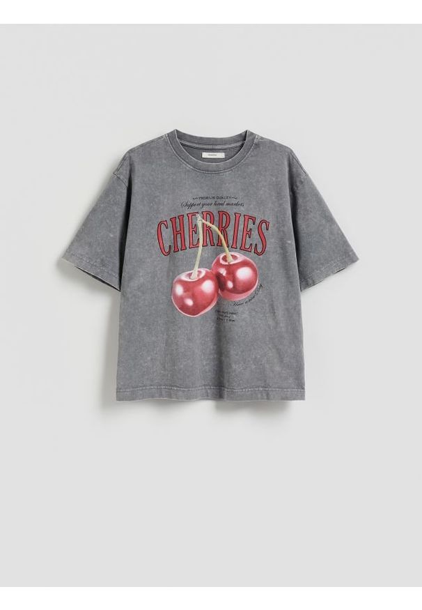 Reserved - Bawełniany t-shirt oversize - ciemnoszary. Kolor: szary. Materiał: bawełna
