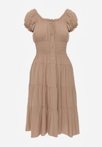 Renee - Ciemnobeżowa Sukienka Rozkloszowana z Bawełny z Bufiastymi Rękawami i Guzikami Anniliana. Okazja: na co dzień. Kolor: beżowy. Materiał: bawełna. Typ sukienki: proste, rozkloszowane. Styl: elegancki, klasyczny, casual #2