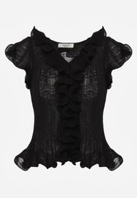 Born2be - Czarna Prążkowana Bluzka z Wiskozą Ozdobiona Falbanami Delestra. Okazja: na co dzień, na spotkanie biznesowe. Kolor: czarny. Materiał: prążkowany, wiskoza. Wzór: aplikacja. Styl: casual, biznesowy, elegancki #7