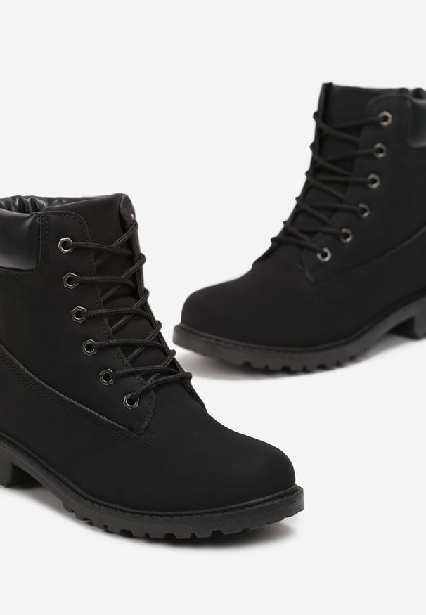 Born2be - Czarne Botki Workery z Sznurowaniem Lionia. Kolor: czarny
