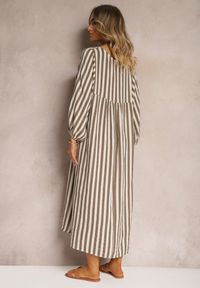 Renee - Brązowo-Beżowa Bawełniana Sukienka Trapezowa Zakończona Gumką przy Rękawach Vesivia. Kolor: brązowy. Materiał: bawełna. Sezon: lato. Typ sukienki: trapezowe #3