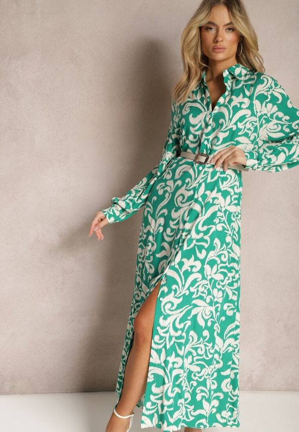 Renee - Zielona Sukienka Koszulowa w Ornamentalny Print z Wiskozy Eillo. Kolor: zielony. Materiał: wiskoza. Wzór: nadruk. Typ sukienki: koszulowe