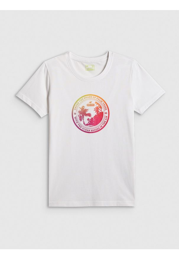 4f - 4F T-shirt regular z nadrukiem damski - biały XS. Okazja: na co dzień. Kolor: biały. Materiał: dzianina, bawełna, materiał. Wzór: nadruk. Styl: casual, klasyczny, sportowy