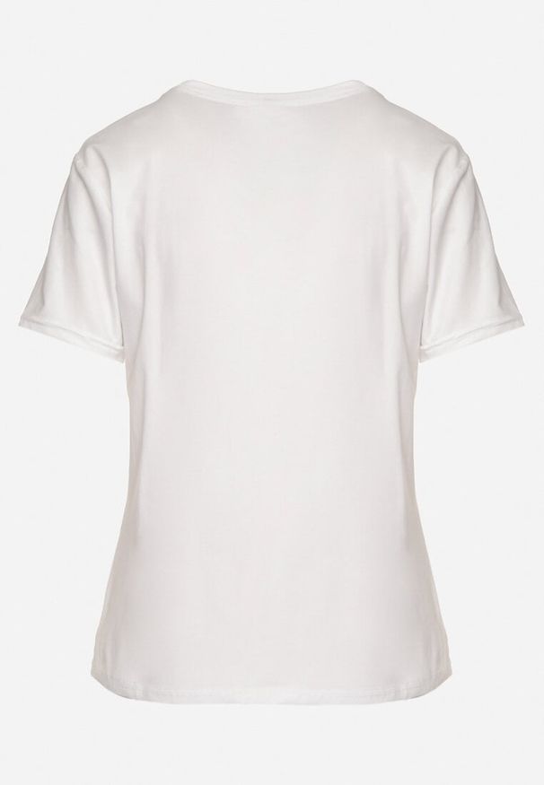 Born2be - Biały T-shirt z Bawełny Ozdobiony Nadrukiem i Kokardą 3D Sanathien. Typ kołnierza: kokarda. Kolor: biały. Materiał: bawełna. Wzór: aplikacja, nadruk. Styl: klasyczny