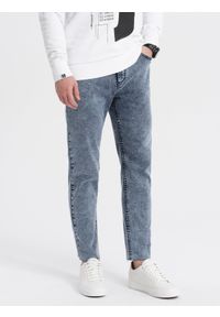 Ombre Clothing - Męskie spodnie jeansowe marmurkowe z surowo wykończoną nogawką SLIM FIT - ciemnoniebieskie V4 OM-PADP-0146 - XL. Kolor: niebieski. Materiał: jeans #6