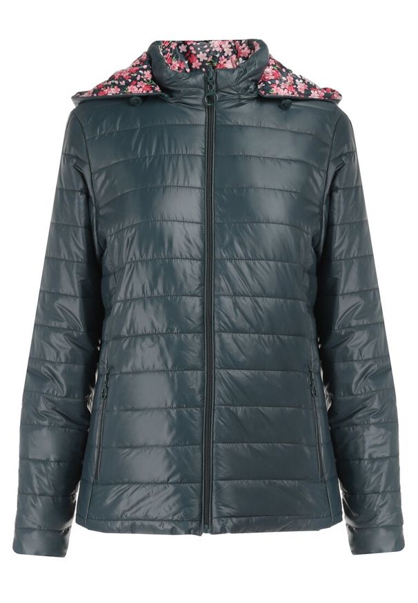 Born2be - Ciemnozielona Kurtka Dwustronna Hypselle. Kolekcja: plus size. Kolor: zielony. Materiał: jeans. Wzór: kwiaty, aplikacja. Styl: klasyczny