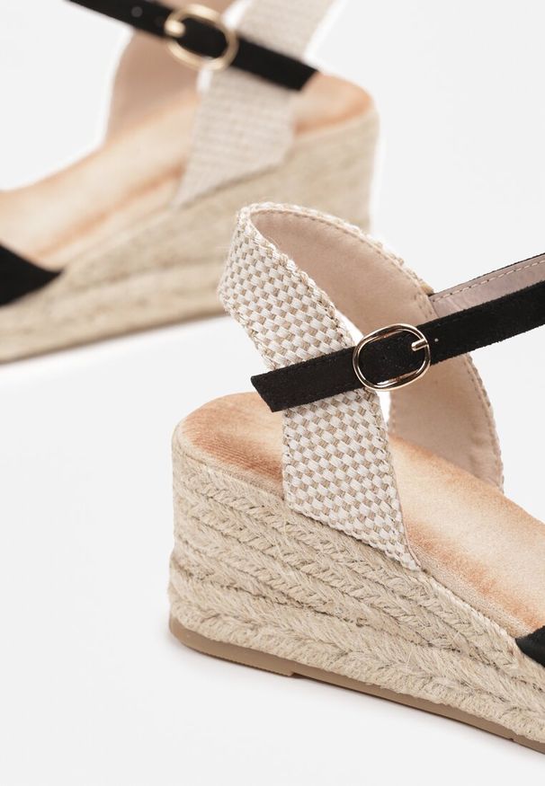Born2be - Czarne Sandały w Stylu Espadryli na Koturnie z Plecionymi Wstawkami Livaia. Kolor: czarny. Obcas: na koturnie