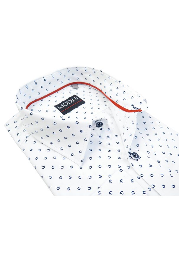 Modini - Biała koszula z granatowym wzorem A35. Typ kołnierza: kołnierzyk klasyczny. Kolor: biały, wielokolorowy, niebieski. Materiał: bawełna, poliester, tkanina. Długość: długie. Styl: klasyczny