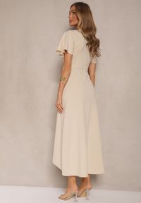 Renee - Beżowa Sukienka o Rozkloszowanym Kroju z Marszczeniem Odarene. Kolor: beżowy. Styl: klasyczny #4