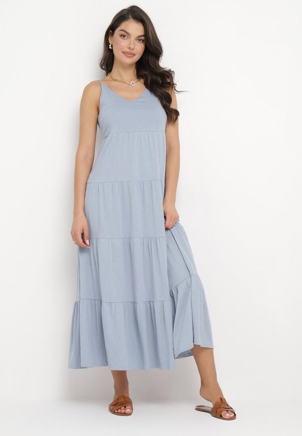 Born2be - Jasnoniebieska Sukienka z Bawełnianej Tkaniny z Wiązanymi Ramiączkami Esthenis. Okazja: na co dzień. Typ kołnierza: dekolt w kształcie V. Kolor: niebieski. Materiał: tkanina, bawełna. Długość rękawa: na ramiączkach. Sezon: lato. Typ sukienki: proste. Styl: casual, klasyczny