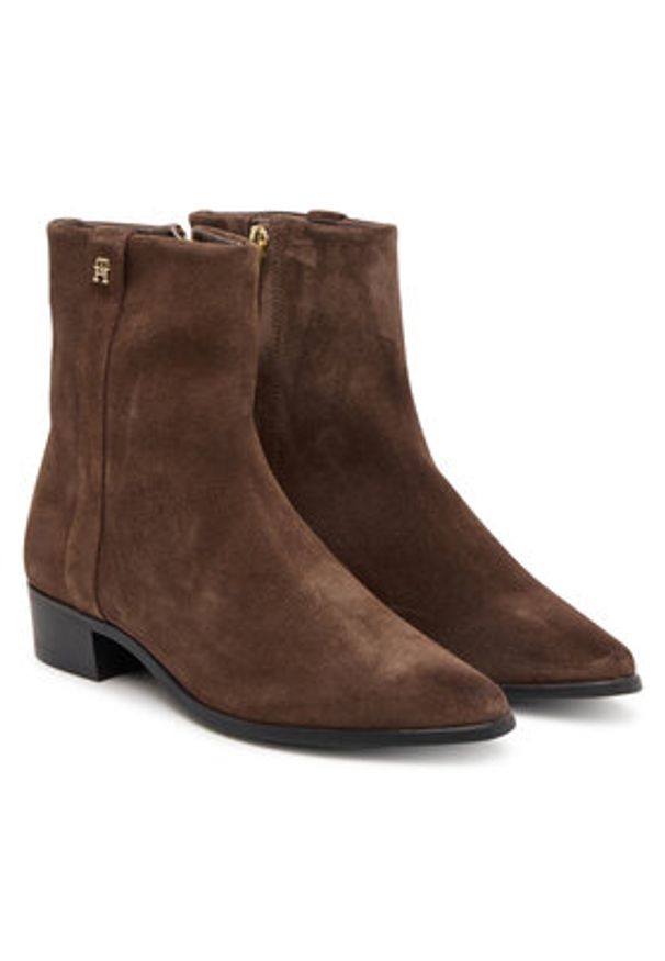 TOMMY HILFIGER - Tommy Hilfiger Botki Pointy Zip Bootie FW0FW08981 Brązowy. Kolor: brązowy. Materiał: zamsz, skóra