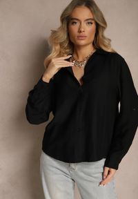 Renee - Czarna Koszula o Kroju Oversize z Podpinanymi Rękawami Jenitta. Okazja: na co dzień. Kolor: czarny. Materiał: jeans. Styl: casual, elegancki