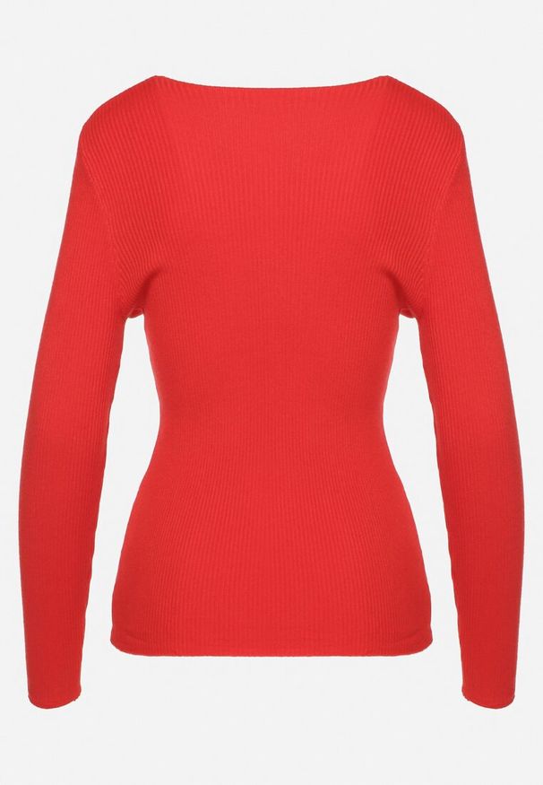 Born2be - Czerwony Sweter Prążkowany z Trójkątnym Dekoltem Vorila. Okazja: na co dzień. Kolor: czerwony. Materiał: prążkowany. Styl: casual, elegancki