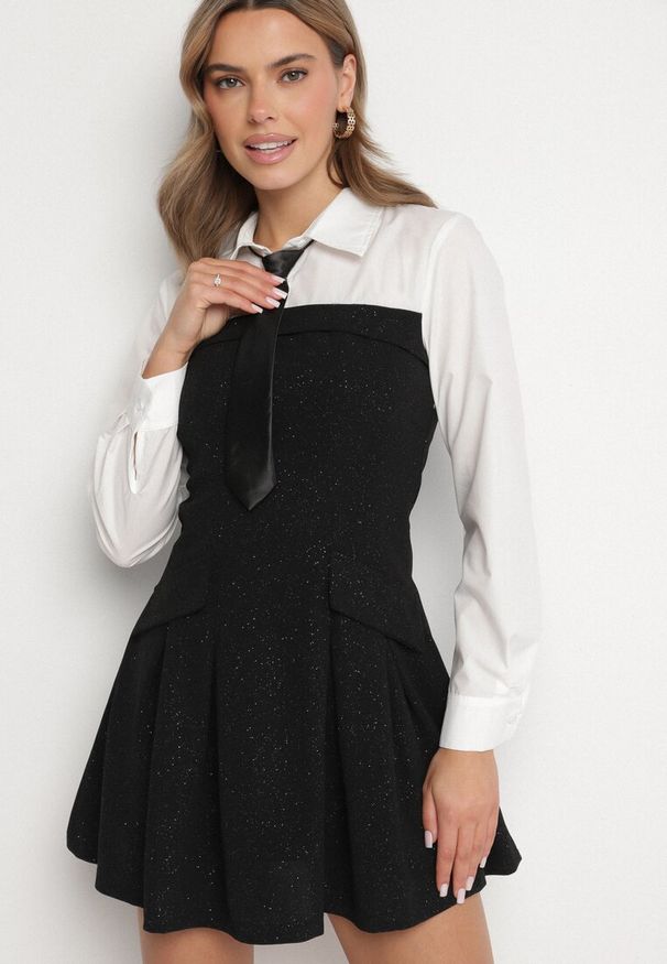 Born2be - Czarna Elegancka Sukienka o Koszulowym Kroju z Krawatem Imitacją Kieszeni i Brokatem Enarin. Okazja: do pracy. Kolor: czarny. Materiał: skóra. Wzór: aplikacja. Typ sukienki: koszulowe. Styl: elegancki