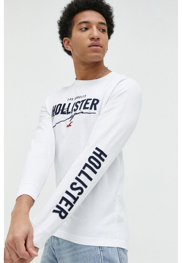 Hollister Co. longsleeve bawełniany kolor biały wzorzysty. Kolor: biały. Materiał: bawełna. Długość rękawa: długi rękaw