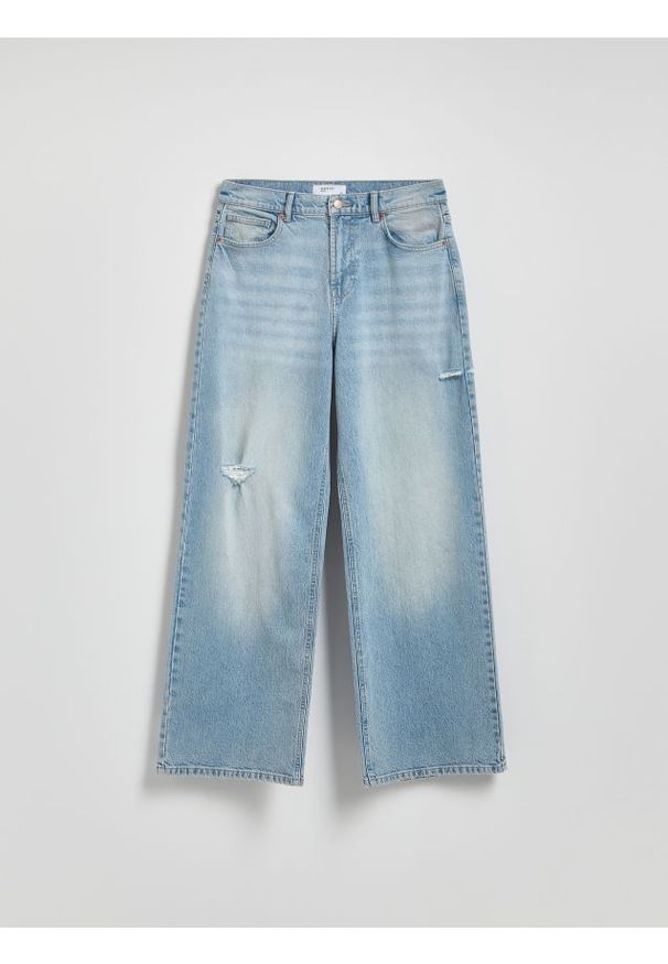 Reserved - Jeansy wide leg z przetarciami - niebieski. Kolor: niebieski
