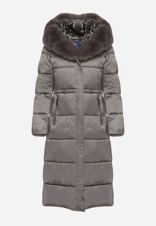 Born2be - Szara Długa Kurtka Puchowa z Pikowanymi Przeszyciami i Kapturem z Futrem Zevea. Okazja: na co dzień, na spacer. Kolor: szary. Materiał: futro, puch. Długość: długie. Styl: casual, elegancki