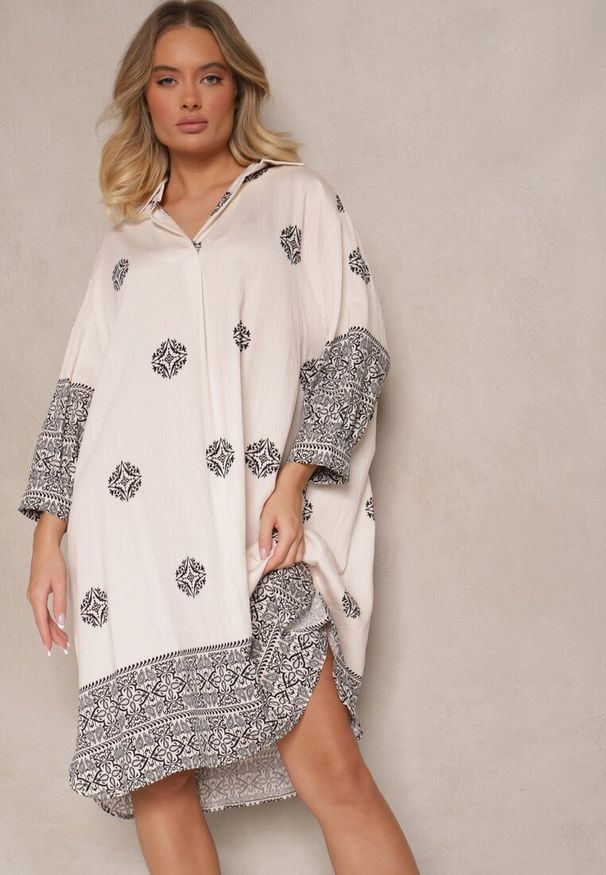 Renee - Beżowa Sukienka z Wiskozy w Abstrakcyjny Wzór Nalalith. Okazja: na co dzień. Kolor: beżowy. Materiał: wiskoza. Typ sukienki: proste. Styl: casual, klasyczny