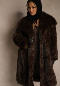 Renee - Brązowy Płaszcz Futro o Jednorzędowym Kroju z Szerokim Kołnierzem Aweda. Okazja: na co dzień. Kolor: brązowy. Materiał: futro. Styl: wizytowy, casual, elegancki #3