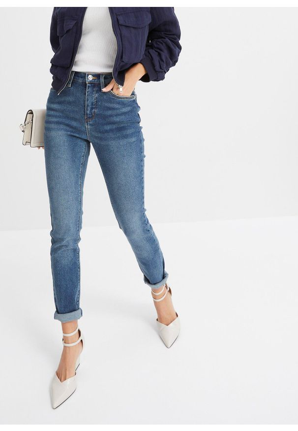 bonprix - Dżinsy skinny, high waist. Stan: podwyższony. Kolor: niebieski. Wzór: gładki