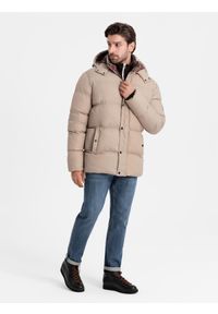 Ombre Clothing - Męska kurtka puffer z podszewką w kratę – beżowa V2 - Rozmiar: XL. Kolor: beżowy. Materiał: guma, poliester, materiał, bawełna, syntetyk, nylon. Długość: długie. Wzór: aplikacja #5