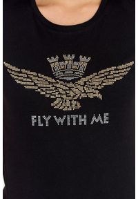 Aeronautica Militare - AERONAUTICA MILITARE Czarny t-shirt damski z orłem wykonanym z dżetów. Kolor: czarny. Materiał: bawełna #4