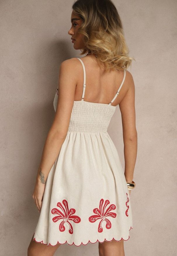 Renee - Beżowa Bawełniana Sukienka z Haftem Tuelle. Okazja: na imprezę. Kolor: beżowy. Materiał: bawełna. Długość rękawa: na ramiączkach. Wzór: haft. Styl: klasyczny, elegancki