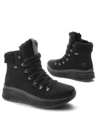Czarne Botki Rieker Ocieplane Buty Damskie. Okazja: na co dzień. Wysokość cholewki: przed kolano. Zapięcie: sznurówki. Kolor: czarny. Materiał: materiał. Szerokość cholewki: normalna. Sezon: zima. Styl: casual, klasyczny, sportowy #2