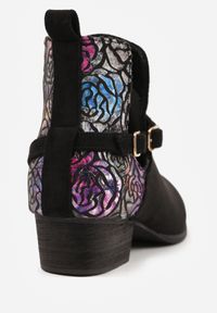 Renee - Czarne Botki Vices na Słupku Ozdobione Kwiatami Selianor. Okazja: na spacer. Kolor: czarny. Materiał: wełna. Wzór: kwiaty, aplikacja. Sezon: jesień. Obcas: na słupku. Styl: wizytowy, klasyczny, elegancki #6